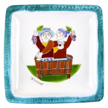 Sicilian handmade ceramic Square Plate grape harvest de simone pottery Folk PQFK-1 Sicilian handmade ceramic Square Plate grape harvest de simone pottery Folk PQFK-1